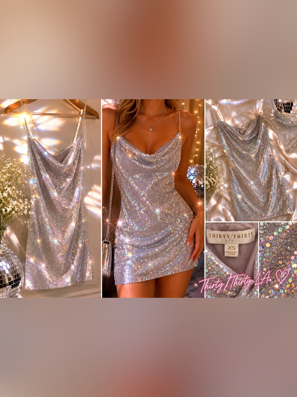 Thirty/Thirty LA Silver Holographic Rhinestone Bodycon Mini Dress XS Party